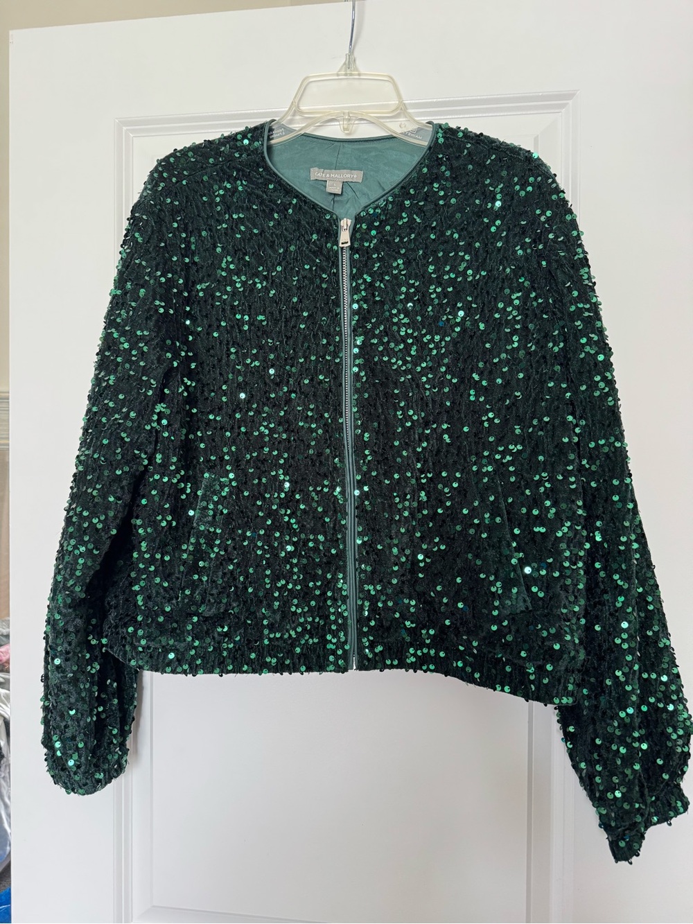 Kate & Mallory Green Sequin Zip Bomber Jacket